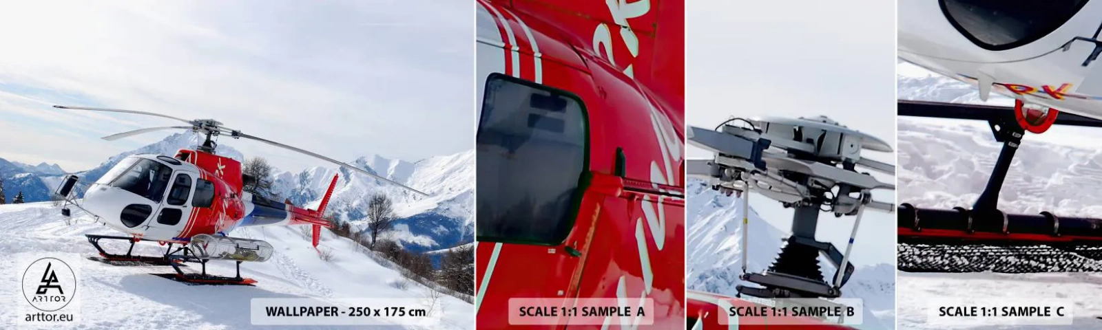 Fototapetenmuster Standard Eco - Immer bereit - Hubschrauber, Landschaft, Alpen - 100x30 cm