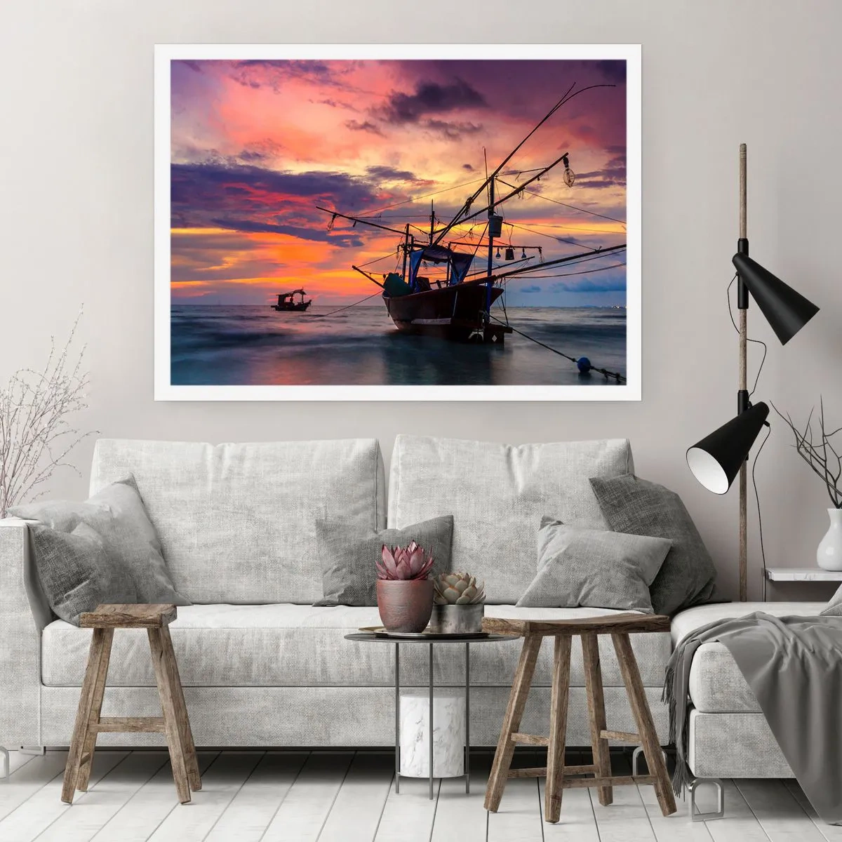 Poster - Ein Fischerboot vor der Kulisse eines farbenfrohen Sonnenuntergangs - 100x70cm - Exotischer Abend - Moderne Wanddekoration für Wohnzimmer und Schlafzimmer ARTTOR