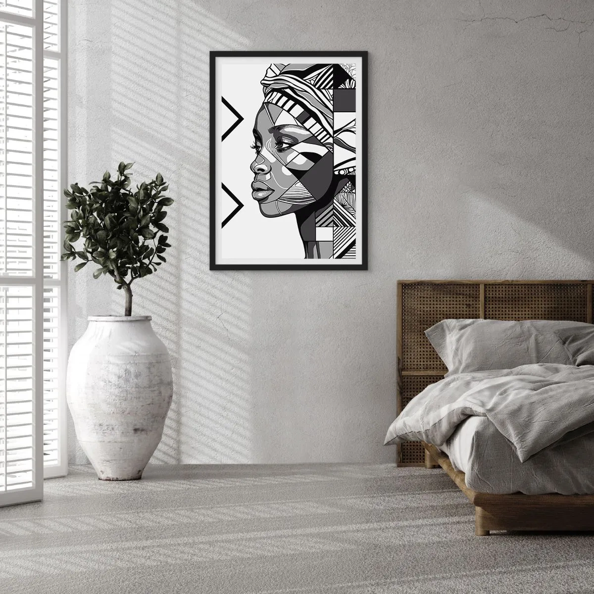 Poster in einem schwarzem Rahmen - Geometrisches Porträt einer Frau in Schwarzweiß - 50x70cm - Ethnisches Porträt - Moderne Wanddekoration für Wohnzimmer und Schlafzimmer ARTTOR