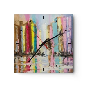 Wanduhr - Glasuhr - Eine bunte Stadt und eine Frau in einem weißen Kleid mit einem Vogel - 30x30cm - Folge mir - Moderne Wanddekoration für Wohnzimmer und Schlafzimmer ARTTOR