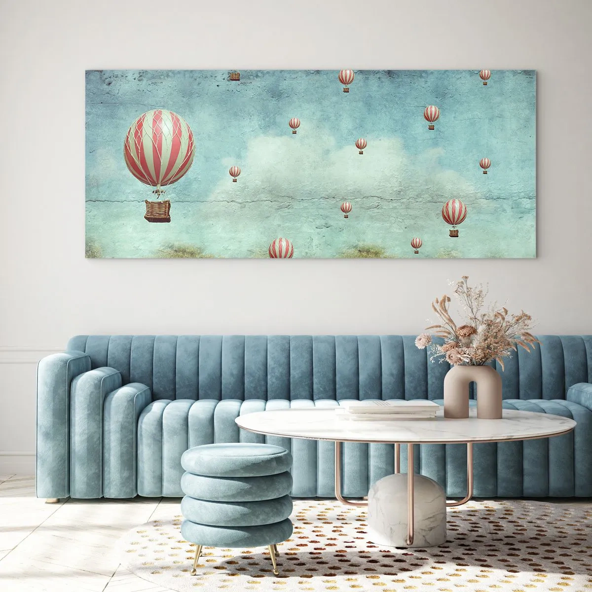 Glasbild - Bild auf glas - Retro-Ballons vor blauem Himmel und grünem Hintergrund - 160x50cm - Frei von der Hektik des Lebens - Moderne Wanddekoration für Wohnzimmer und Schlafzimmer ARTTOR