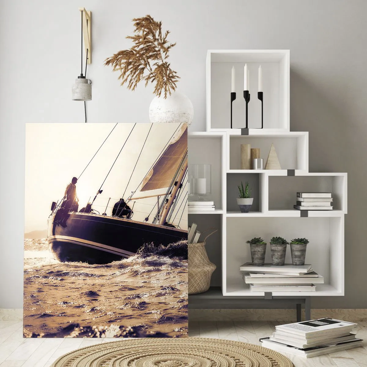 Glasbild - Bild auf glas - Eine Yacht auf stürmischer See im Licht der untergehenden Sonne - 70x100cm - Segle, Seemann - Moderne Wanddekoration für Wohnzimmer und Schlafzimmer ARTTOR
