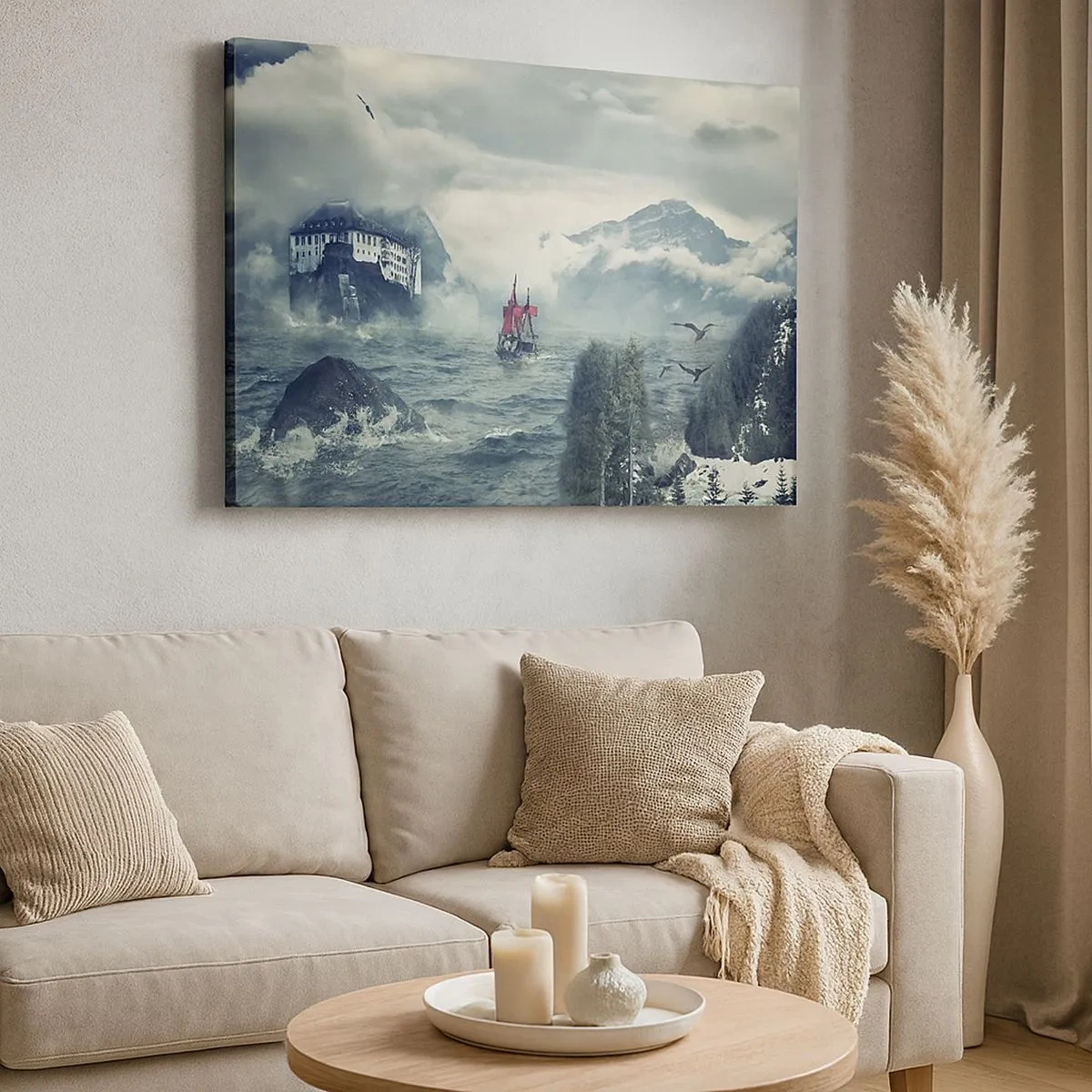 Bild auf Leinwand - Leinwandbild - Eine geheimnisvolle Landschaft mit einem Schloss, Bergen und einem Schiff - 70x50cm - In magischen Gewässern - Moderne Wanddekoration für Wohnzimmer und Schlafzimmer ARTTOR
