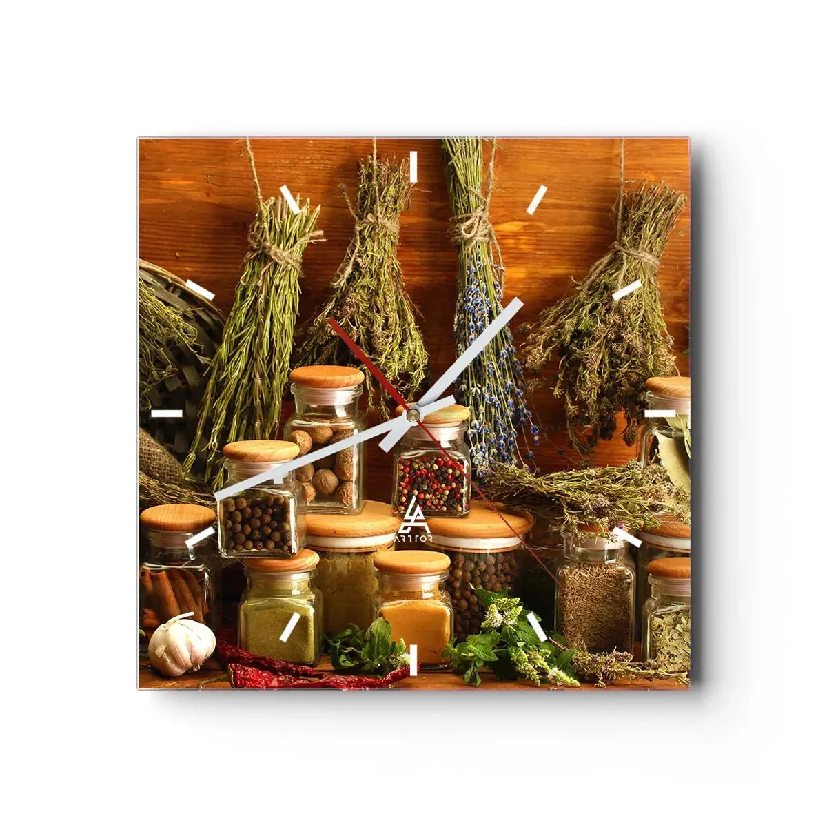 Wanduhr - Glasuhr - Kräuter und Gewürze in Gläsern auf rustikalem Hintergrund - 30x30cm - Küchenzauber - Moderne Wanddekoration für Wohnzimmer und Schlafzimmer ARTTOR