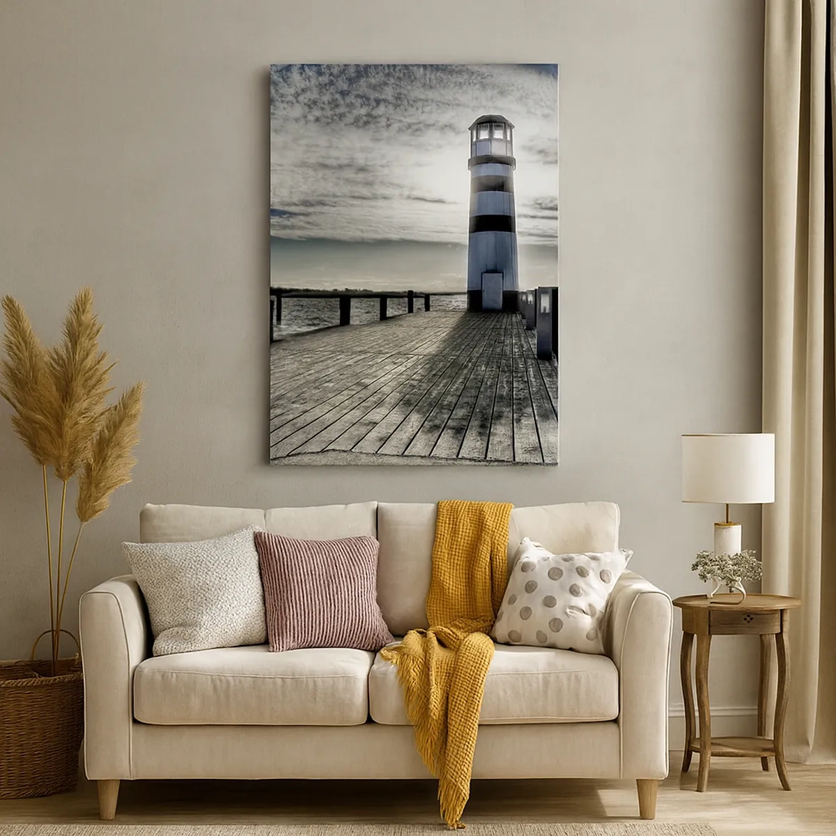Bild auf Leinwand - Leinwandbild - Leuchtturm auf einem Holzsteg mit Blick auf das Meer. - 50x70cm - Matrosen, ich warte auf euch - Moderne Wanddekoration für Wohnzimmer und Schlafzimmer ARTTOR