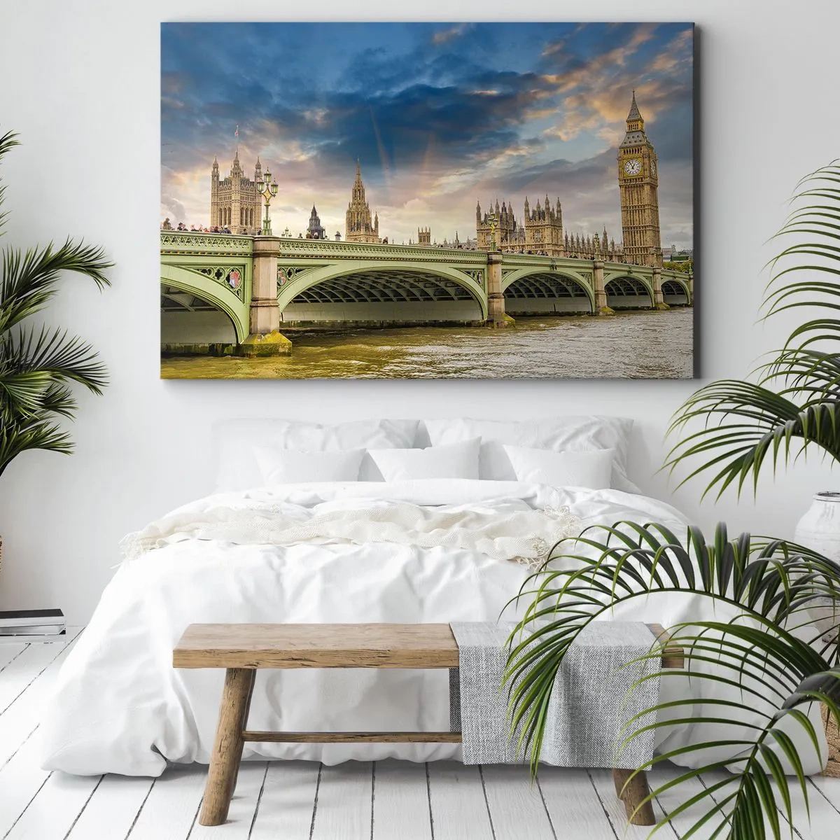Bild auf Leinwand - Leinwandbild - Big Ben und Westminster Bridge gegen den Himmel in der Abenddämmerung - 70x50cm - Im Imperium ist die Zeit stehen geblieben - Moderne Wanddekoration für Wohnzimmer und Schlafzimmer ARTTOR