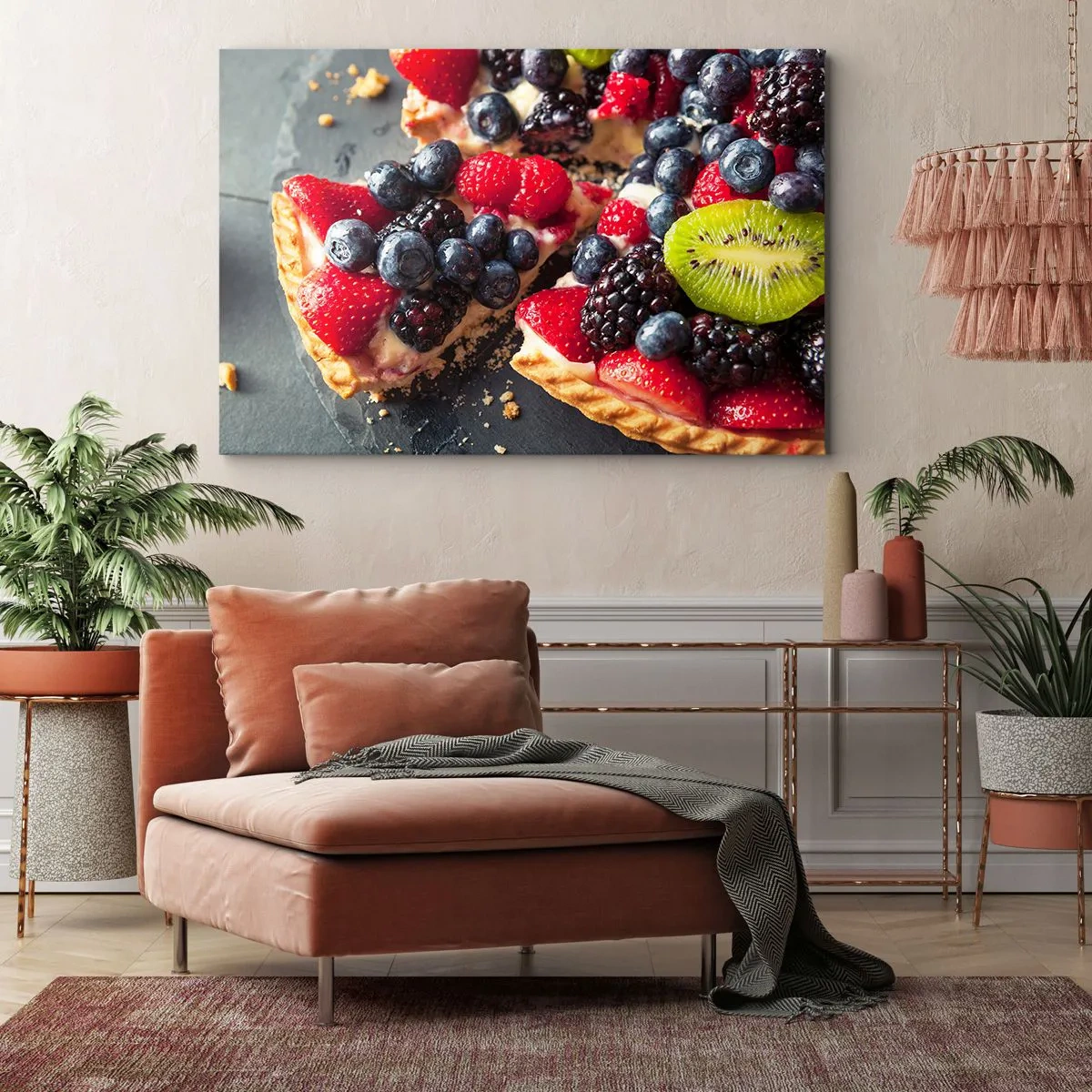 Bild auf Leinwand - Leinwandbild - Bunte Tarte mit Früchten und Sahne - 70x50cm - Dolce Vita! - Moderne Wanddekoration für Wohnzimmer und Schlafzimmer ARTTOR