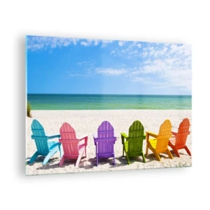 Glasbild - Bild auf glas - Bunte Stühle an einem Sandstrand mit Blick auf das Meer - 70x50cm - Regenbogenstrand - Moderne Wanddekoration für Wohnzimmer und Schlafzimmer ARTTOR