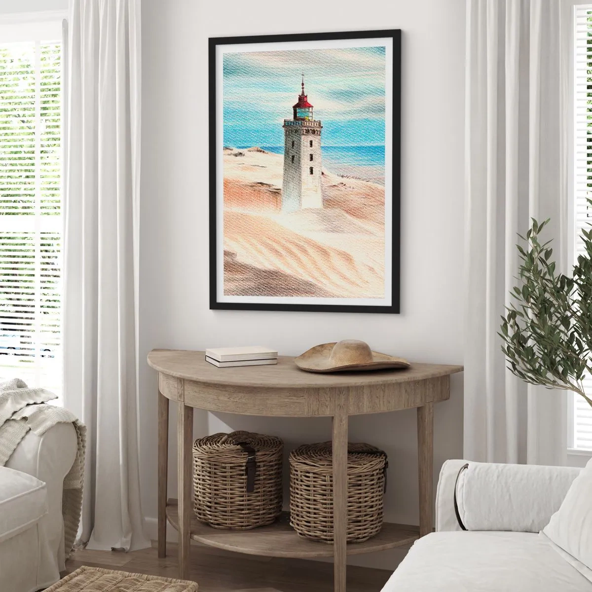 Poster in einem schwarzem Rahmen - Ein Leuchtturm vor der Kulisse von Sanddünen und blauem Himmel - 50x70cm - Immer aufs Meer starrend - Moderne Wanddekoration für Wohnzimmer und Schlafzimmer ARTTOR