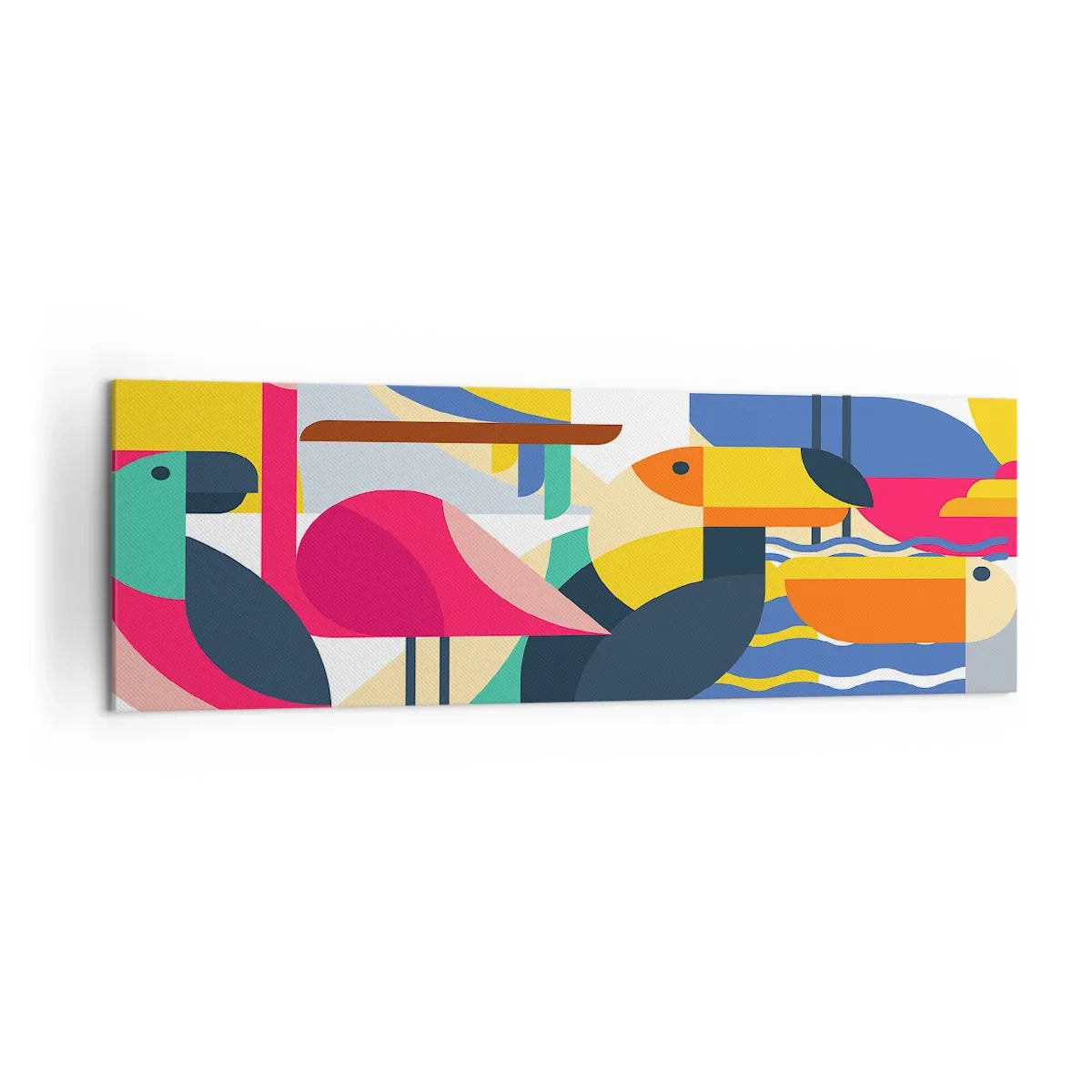 Bild auf Leinwand - Leinwandbild - Bunte Vögel in einer abstrakten, geometrischen Komposition - 160x50cm - Vogelparty - Moderne Wanddekoration für Wohnzimmer und Schlafzimmer ARTTOR