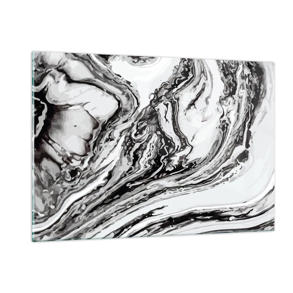 Glasbild - Bild auf glas - Ein abstraktes Muster in Schwarz- und Weißtönen, das Wellen ähnelt. - 120x80cm - Am Anfang war Chaos - Moderne Wanddekoration für Wohnzimmer und Schlafzimmer ARTTOR