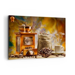 Bild auf Leinwand - Leinwandbild - Kaffeemühle mit Bohnen und einer Tasse auf dem Hintergrund - 120x80cm - Das Knirschen der Körner, das Rasseln einer Mühle - Moderne Wanddekoration für Wohnzimmer und Schlafzimmer ARTTOR