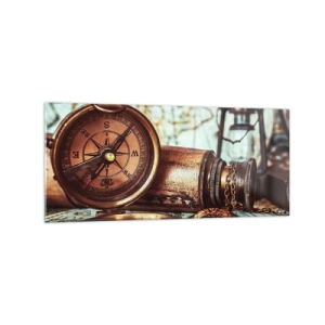 Glasbild - Bild auf glas - Ein Retro-Set mit Kompass, Teleskop und Karte im Reisethema - 120x50cm - Ein Piratenabenteuer in der Karibik wartet - Moderne Wanddekoration für Wohnzimmer und Schlafzimmer ARTTOR