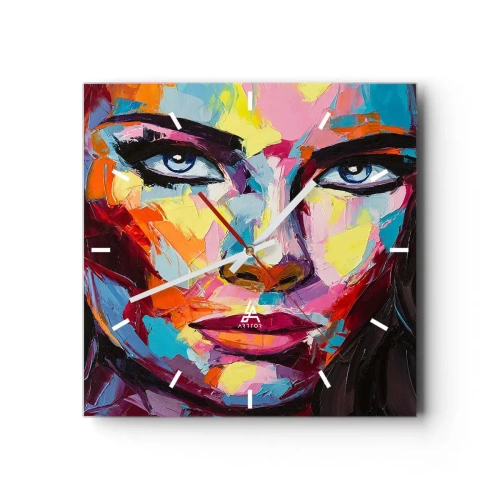 Wanduhr - Glasuhr - Ein farbenfrohes abstraktes Porträt einer Frau in intensiven Farben. - 30x30cm - Auch die Seele ist bunt - Moderne Wanddekoration für Wohnzimmer und Schlafzimmer ARTTOR