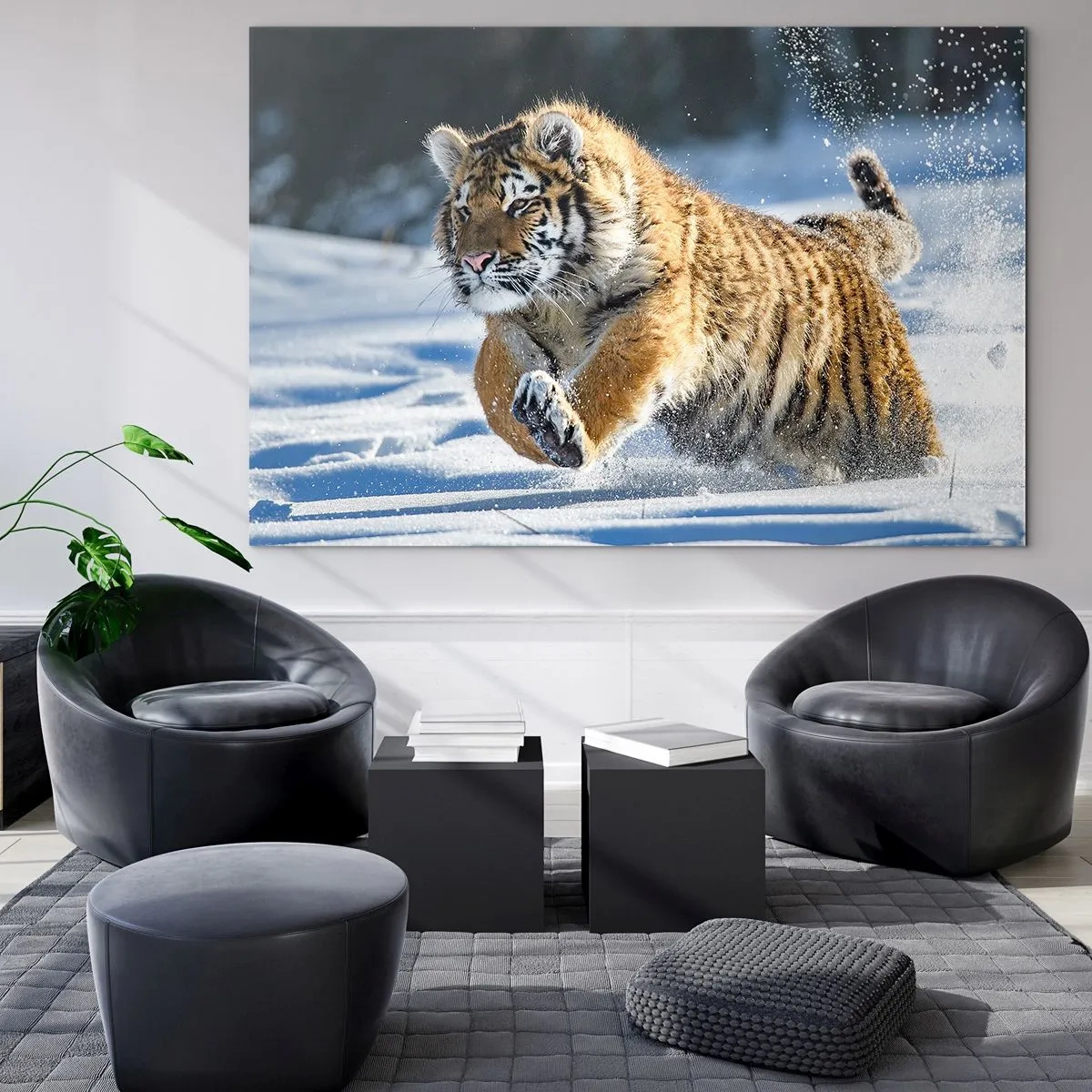 Glasbild - Bild auf glas - Ein sibirischer Tiger läuft durch den Schnee in einer Winterlandschaft. - 120x80cm - Gott der sibirischen Taiga - Moderne Wanddekoration für Wohnzimmer und Schlafzimmer ARTTOR