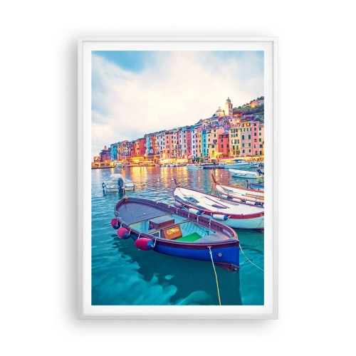 Poster in einem weißen Rahmen - Bunter Abend im Hafen - 70x100 cm