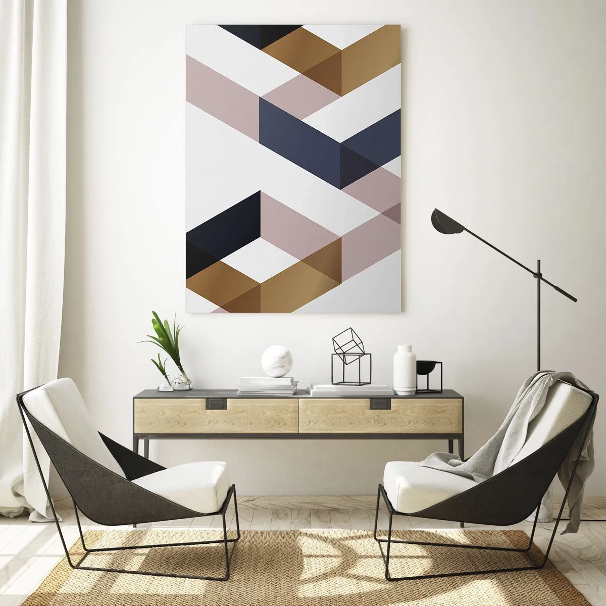Glasbild - Bild auf glas - Geometrische Muster in Gold- und Marineblautönen - 80x120cm - Ebenen und Winkel - Moderne Wanddekoration für Wohnzimmer und Schlafzimmer ARTTOR