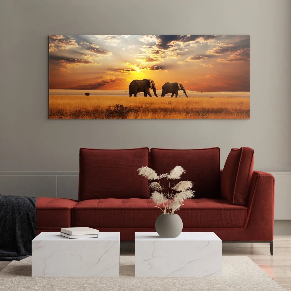 Glasbild - Bild auf glas - Elefanten in der Savanne bei Sonnenuntergang - 160x50cm - Familienspaziergang - Moderne Wanddekoration für Wohnzimmer und Schlafzimmer ARTTOR