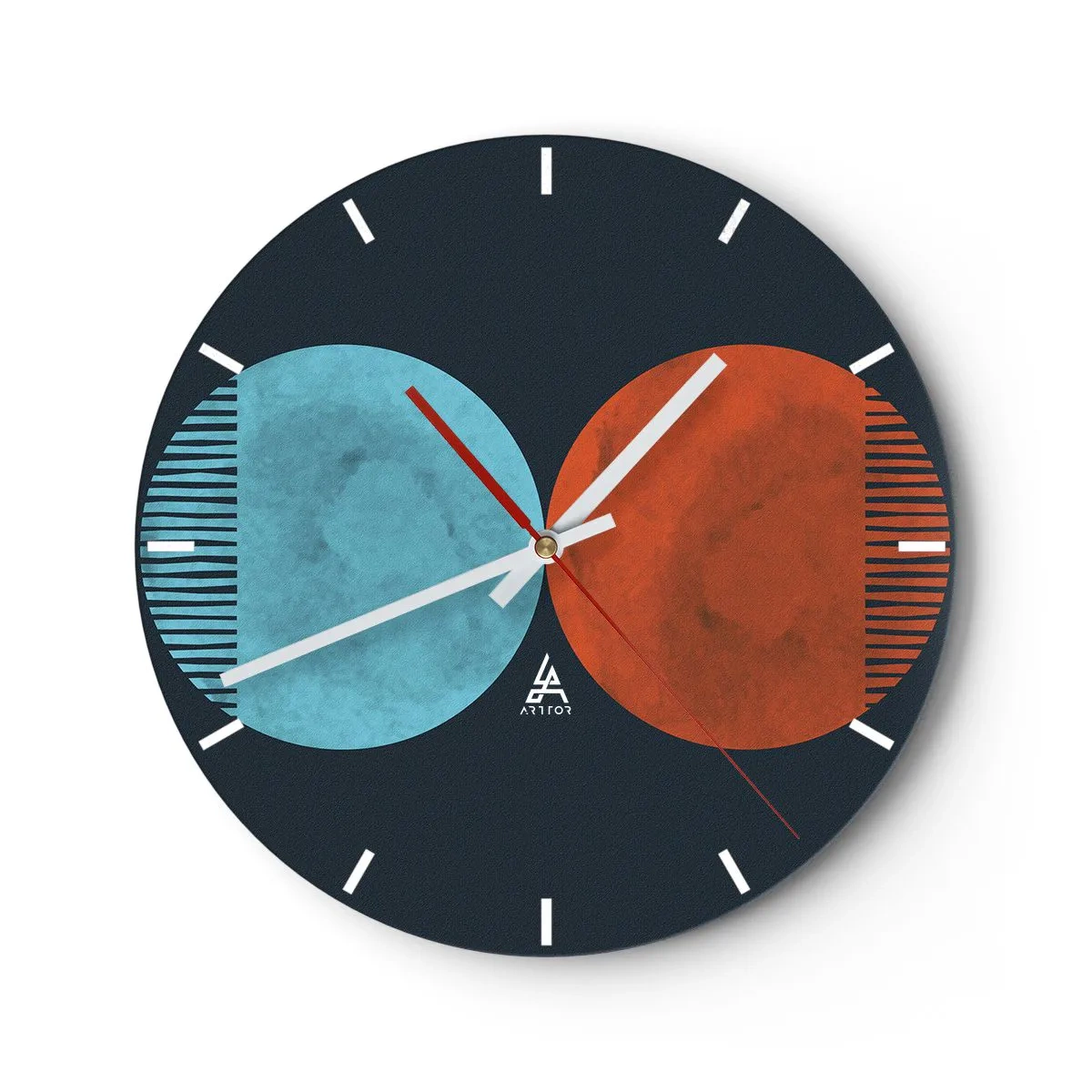 Wanduhr - Glasuhr - Eine Kombination aus blauen und roten Kreisen mit geometrischen Linien - 30x30cm - Nur Geometrie? - Moderne Wanddekoration für Wohnzimmer, Küche und Schlafzimmer ARTTOR