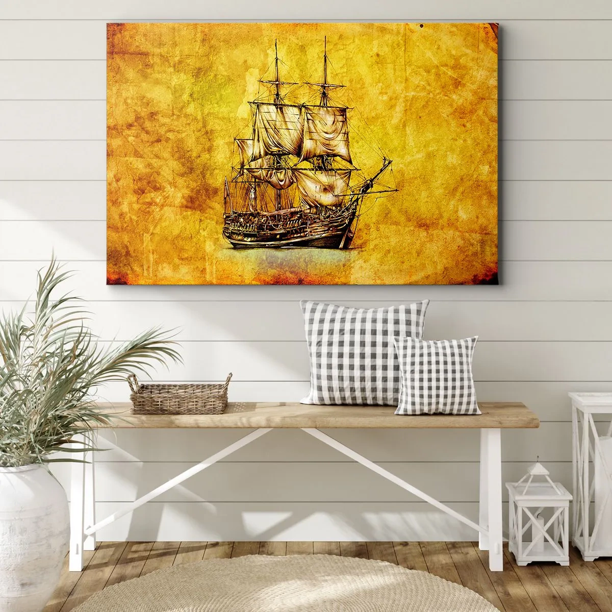 Bild auf Leinwand - Leinwandbild - Eine stilisierte Zeichnung eines Segelschiffs auf goldenem Hintergrund mit Vintage-Feeling. - 70x50cm - Richtung Tortuga! - Moderne Wanddekoration für Wohnzimmer und Schlafzimmer ARTTOR