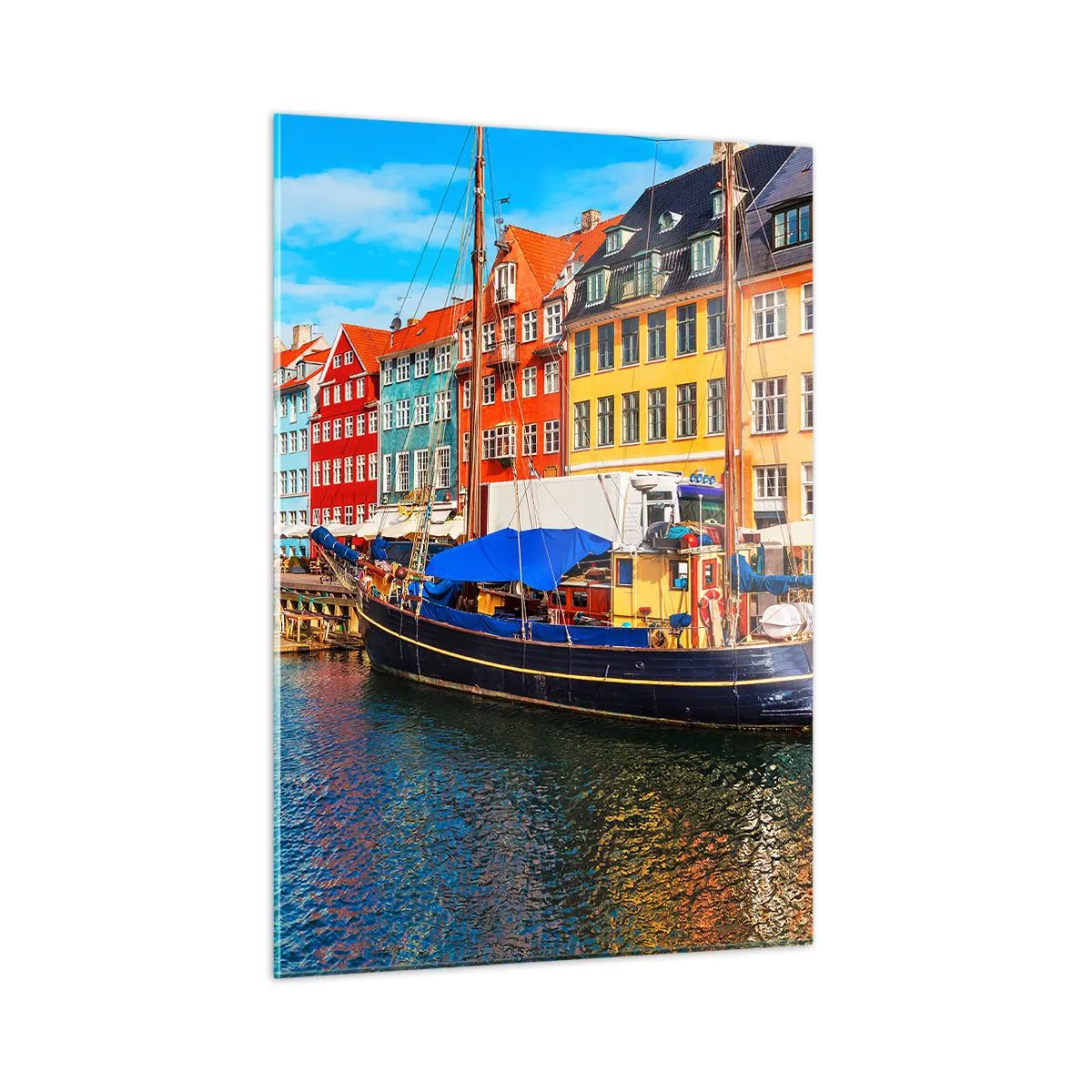 Glasbild - Bild auf glas - Bunte Grachtenhäuser in Kopenhagen - 50x70cm - Fröhlicher Kai - Moderne Wanddekoration für Wohnzimmer und Schlafzimmer ARTTOR