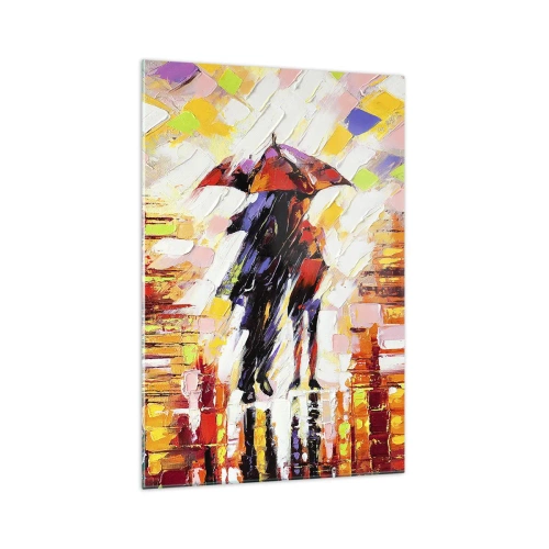 Glasbild - Bild auf glas - Eine abstrakte Szene eines Spaziergangs unter einem Regenschirm in einer regnerischen Nacht. - 70x100cm - Gemeinsam durch die Nacht und den Regen - Moderne Wanddekoration für Wohnzimmer und Schlafzimmer ARTTOR