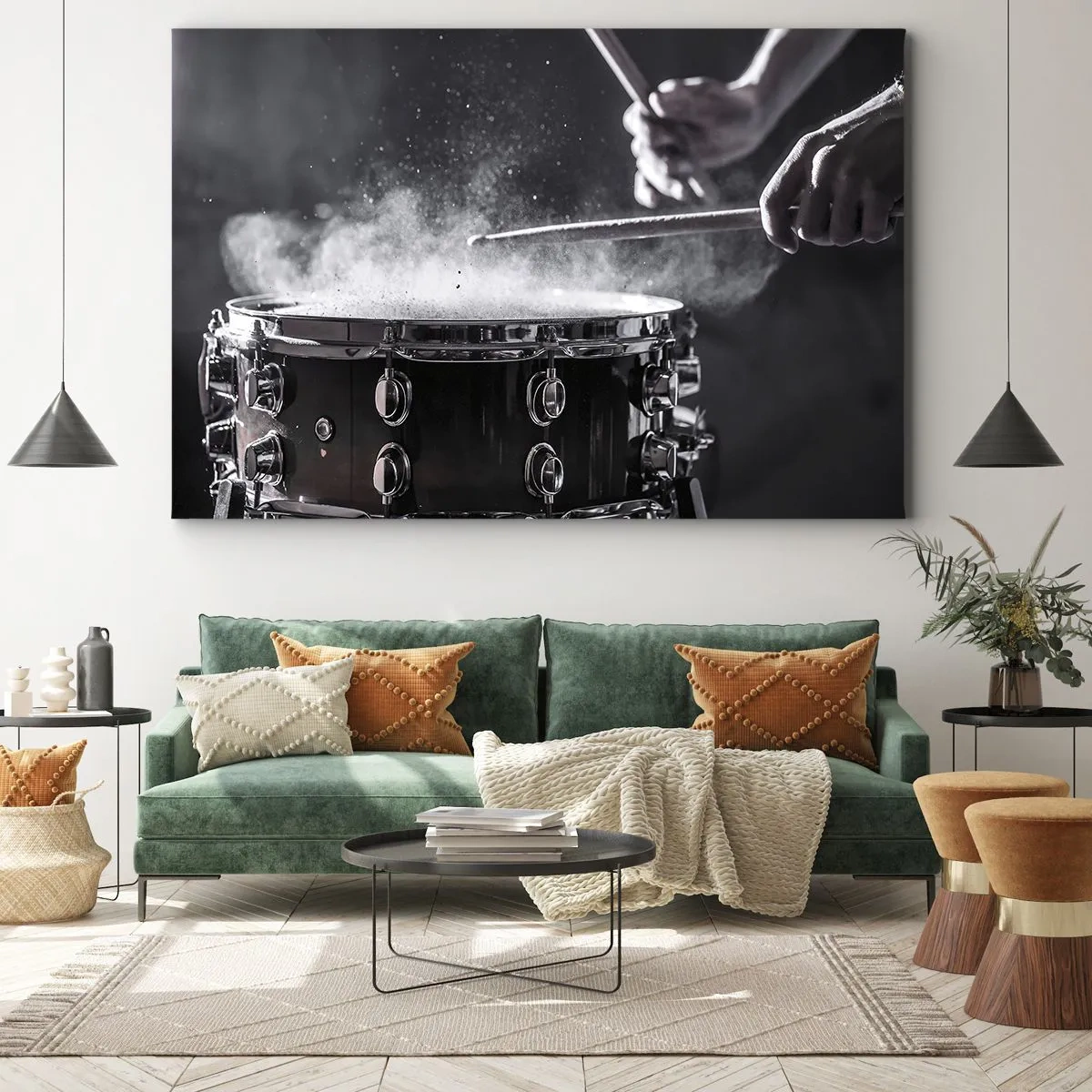 Bild auf Leinwand - Leinwandbild - Schlagen der Snare Drum mit Sticks mit Staubeffekt - 70x50cm - Der Puls der Musik - Moderne Wanddekoration für Wohnzimmer und Schlafzimmer ARTTOR