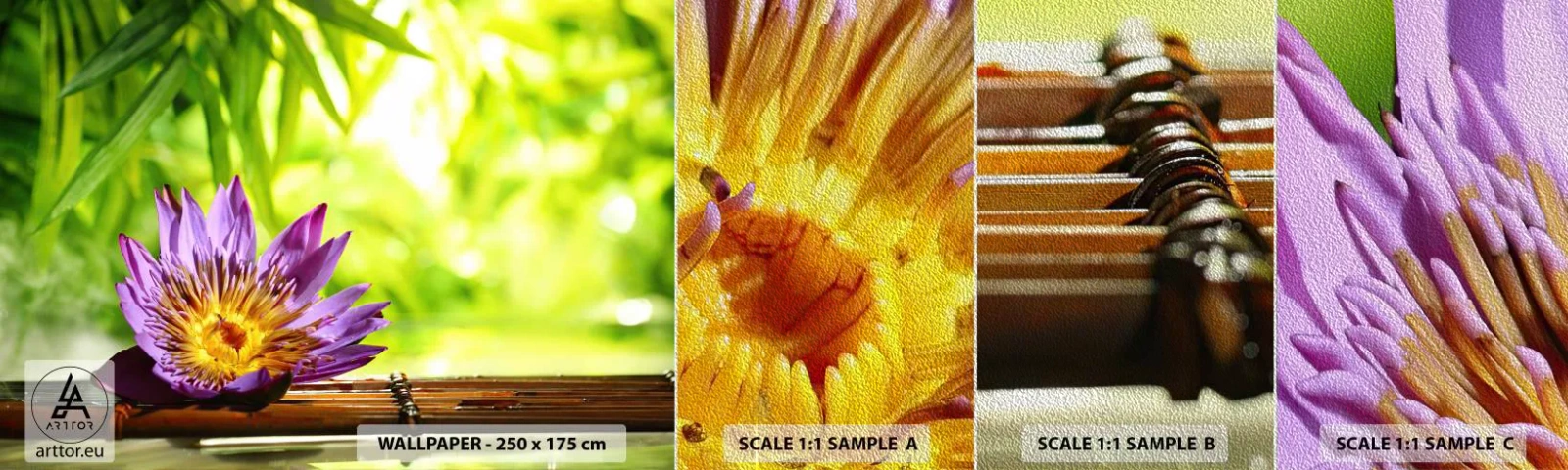 Fototapeten Muster Premium Sand - In der asiatischen Sonne - Blume, Lotus Blume, Bambus - 100x30 cm