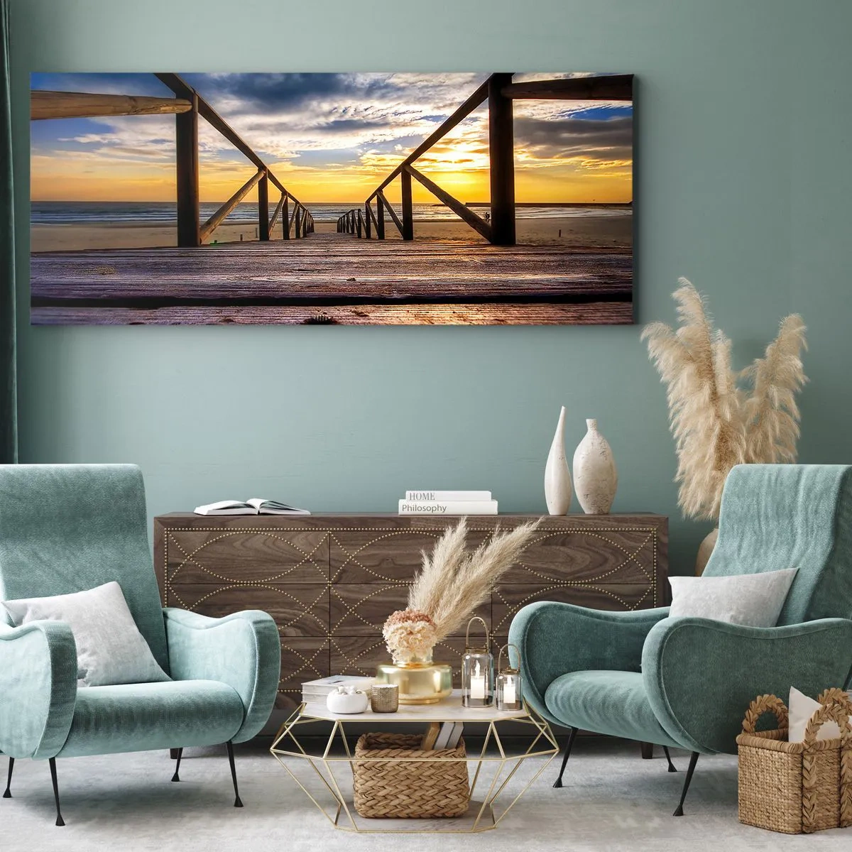 Bild auf Leinwand - Leinwandbild - Direkt zum ruhigen Strand bei Sonnenuntergang - 90x30 cm