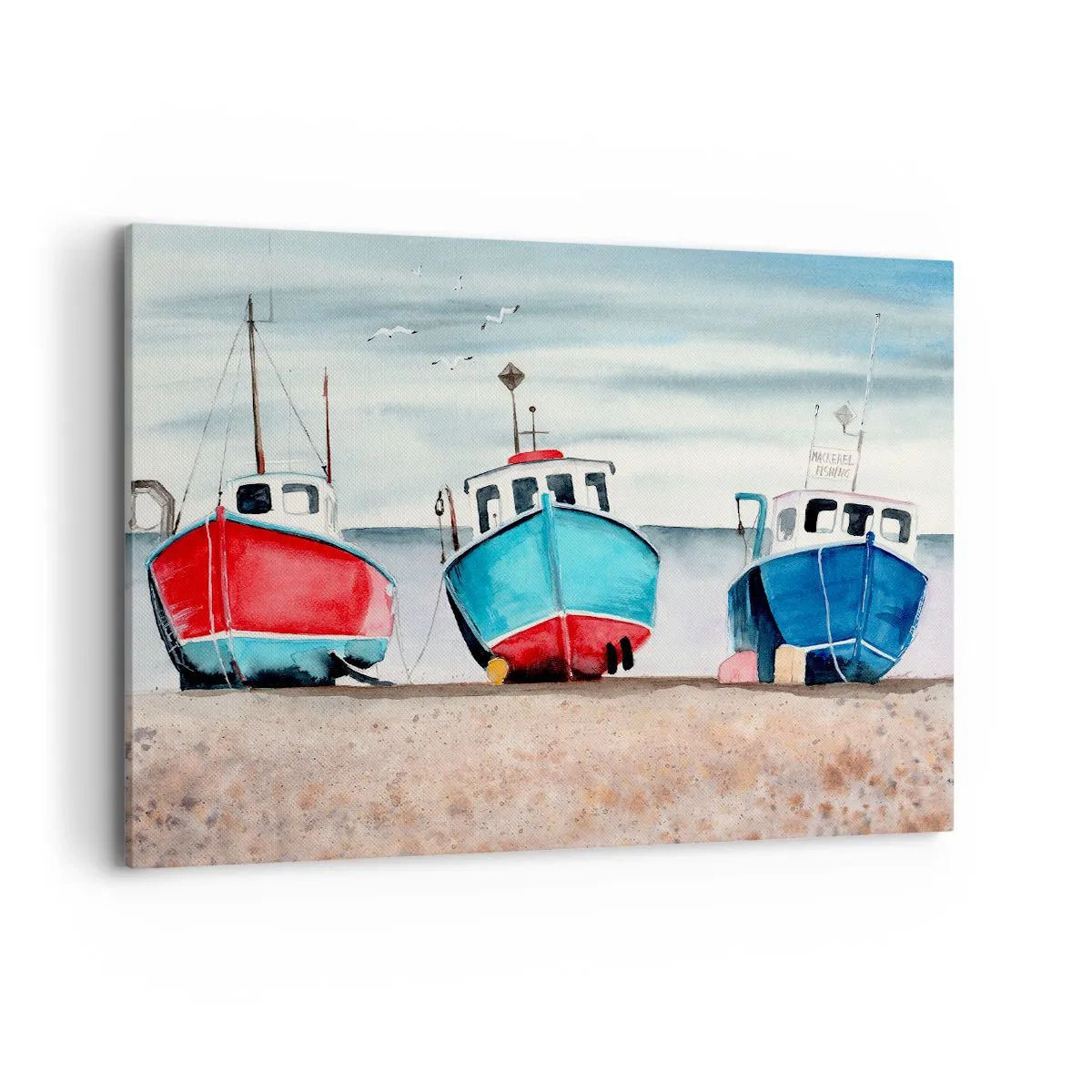 Bild auf Leinwand - Leinwandbild - Bunte Fischerboote am Ufer in einer Meereslandschaft - 100x70cm - Bereit zum Fang - Moderne Wanddekoration für Wohnzimmer und Schlafzimmer ARTTOR