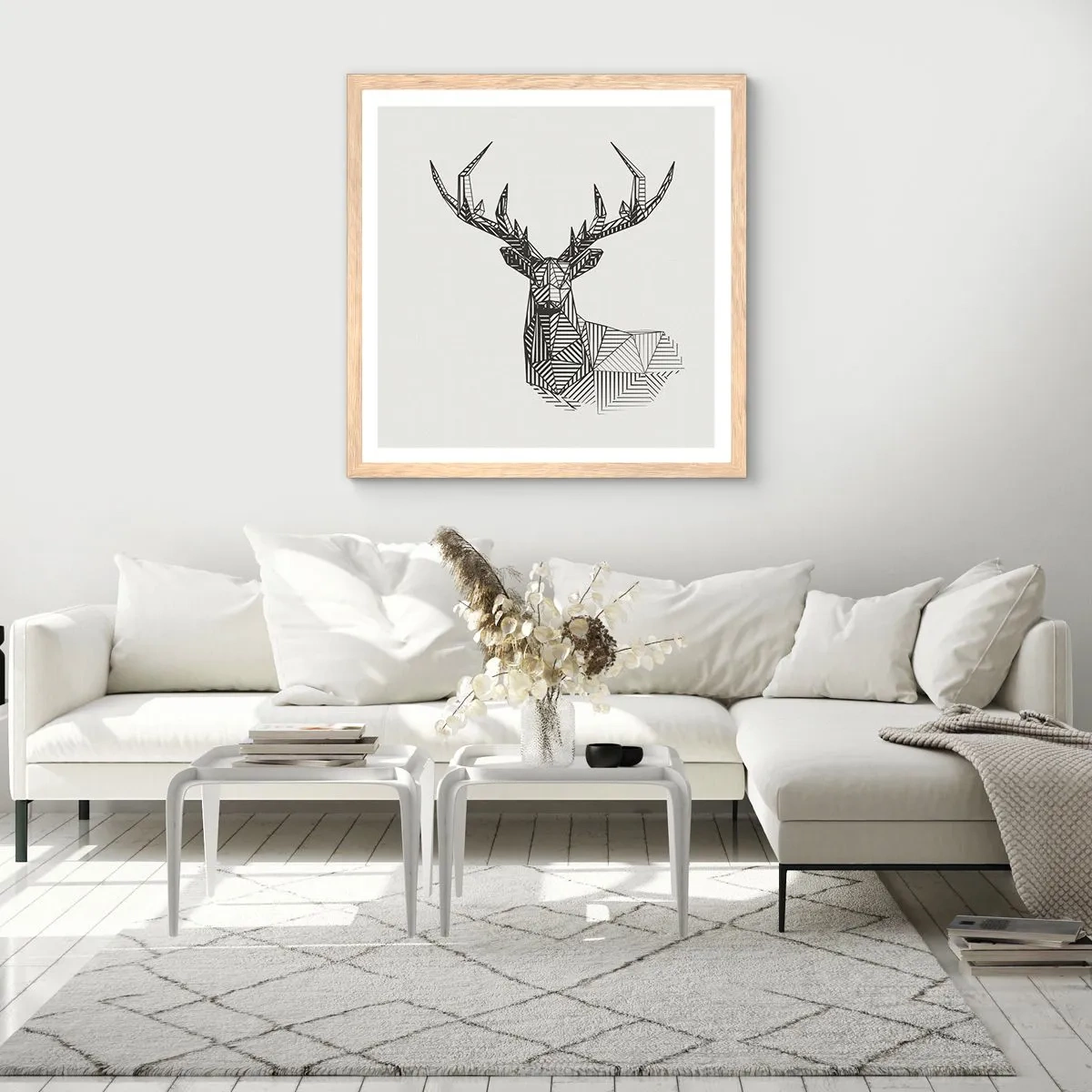 Poster in einem Rahmen aus heller Eiche - Ein Hirsch im kubistischen Stil - 40x40 cm