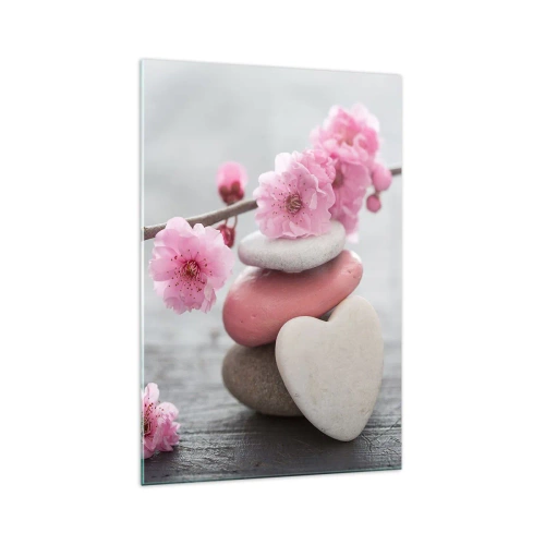 Glasbild - Bild auf glas - Zarte Kirschblüten mit herzförmigen Steinen - 70x100cm - Glückseligkeit mit einer Kirschblüte - Moderne Wanddekoration für Wohnzimmer und Schlafzimmer ARTTOR