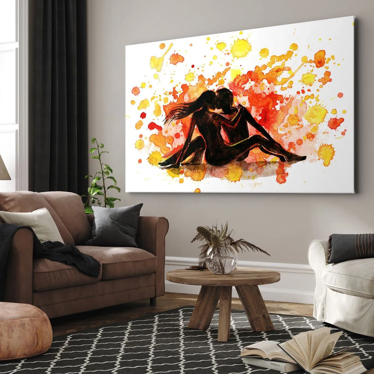 Bild auf Leinwand - Leinwandbild - Ein romantisches Aquarell von zwei Menschen in warmen Farben. - 100x70cm - Und es war Licht - Moderne Wanddekoration für Wohnzimmer und Schlafzimmer ARTTOR