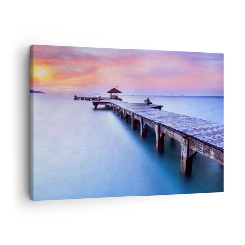 Bild auf Leinwand - Leinwandbild - Holzsteg, der bei Sonnenuntergang auf das Wasser hinausführt - 70x50cm - Ein Meer der Ruhe bis zum Horizont - Moderne Wanddekoration für Wohnzimmer und Schlafzimmer ARTTOR
