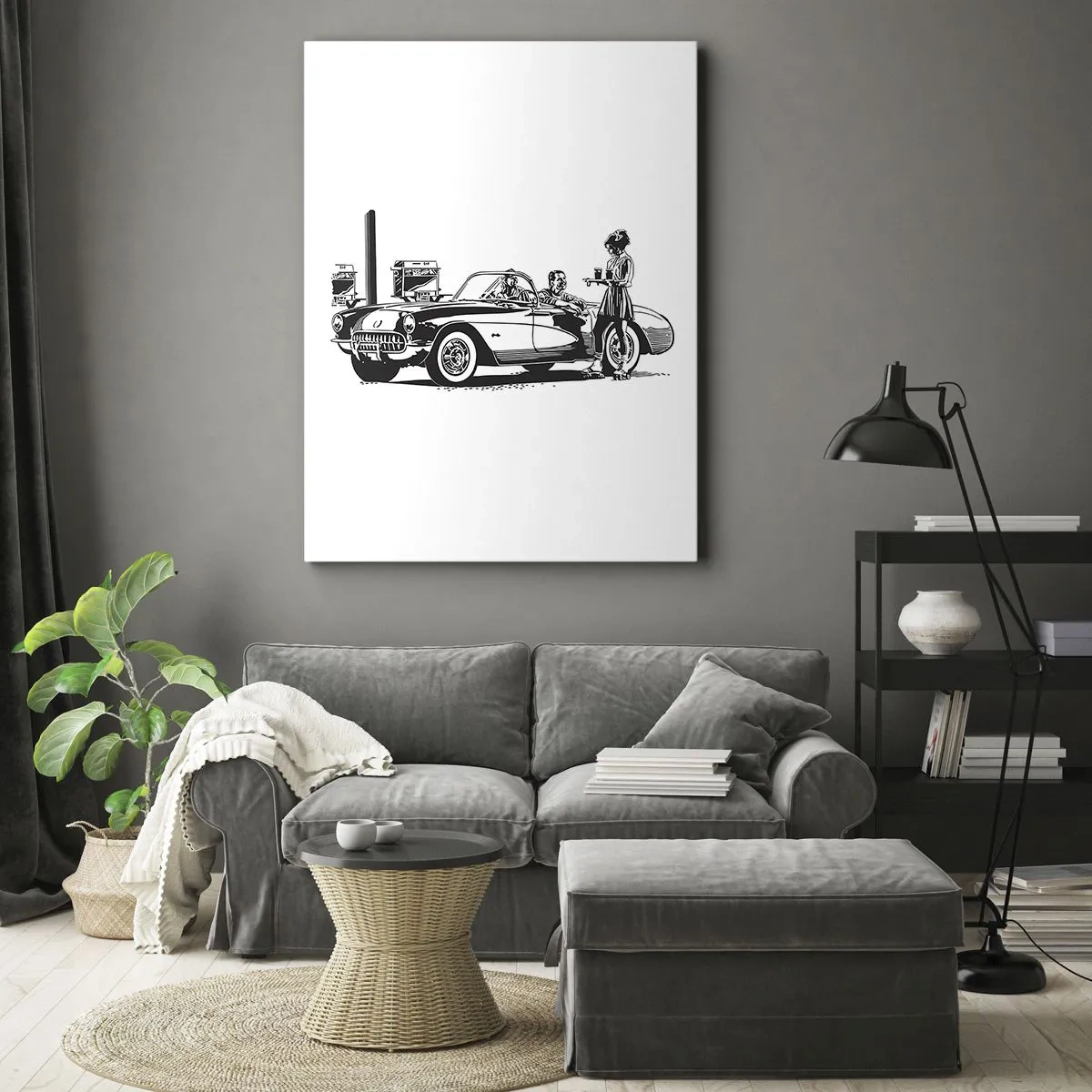 Bild auf Leinwand - Leinwandbild - Eine schwarz-weiße Retro-Szene mit einem Auto und einer Kellnerin auf Rollschuhen. - 50x70cm - 60. - unbeschwertes Amerika - Moderne Wanddekoration für Wohnzimmer und Schlafzimmer ARTTOR