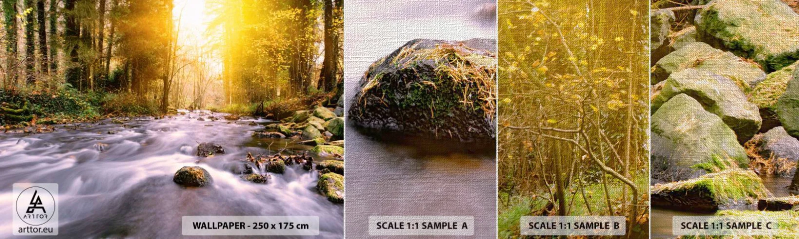 Fototapeten Muster Premium Canvas - Malachit im Silber- und Goldrahmen - Landschaft, Gebirgsbach, Wald - 100x30 cm