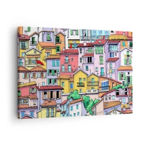 Bild auf Leinwand - Leinwandbild - Bunte Mietshäuser im lebendigen, fröhlichen Stil - 70x50cm - Lustige Stadt - Moderne Wanddekoration für Wohnzimmer und Schlafzimmer ARTTOR