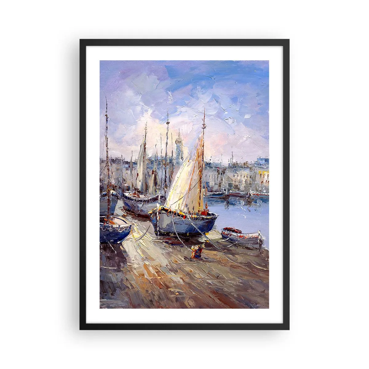 Poster in einem schwarzem Rahmen - Segelboote in einem malerischen Hafen, beleuchtet von den Sonnenstrahlen - 50x70cm - Stadt an der Bucht - Moderne Wanddekoration für Wohnzimmer und Schlafzimmer ARTTOR