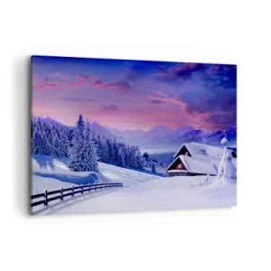 Bild auf Leinwand - Leinwandbild - Winterlandschaft mit Berghütten bei Sonnenuntergang - 100x70cm - Stille Nacht - Moderne Wanddekoration für Wohnzimmer und Schlafzimmer ARTTOR