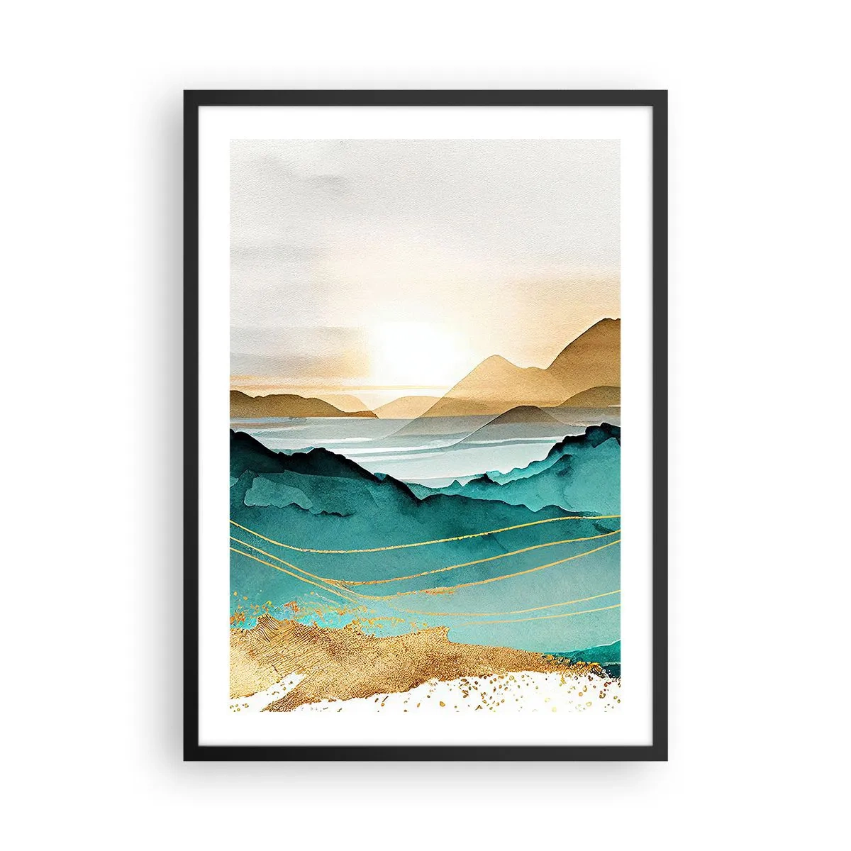 Poster in einem schwarzem Rahmen - Eine malerische Berglandschaft in Türkis- und Goldtönen - 50x70cm - Am Rande der Abstraktion – Landschaft - Moderne Wanddekoration für Wohnzimmer und Schlafzimmer ARTTOR