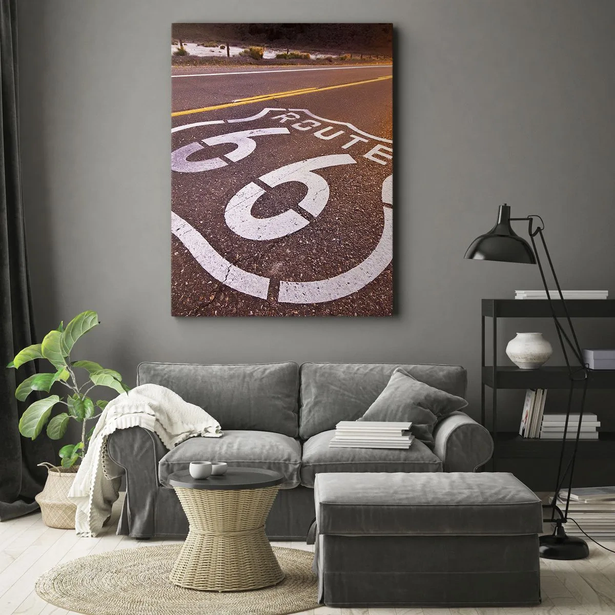 Bild auf Leinwand - Leinwandbild - Route 66 bei Sonnenuntergang - 50x70cm - Die berühmte Straße 66 - Moderne Wanddekoration für Wohnzimmer und Schlafzimmer ARTTOR