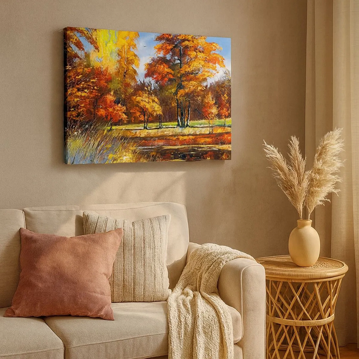 Bild auf Leinwand - Leinwandbild - Herbstlandschaft mit bunten Bäumen und einem Teich - 70x50cm - Landschaft in Gold und Bronze - Moderne Wanddekoration für Wohnzimmer und Schlafzimmer ARTTOR