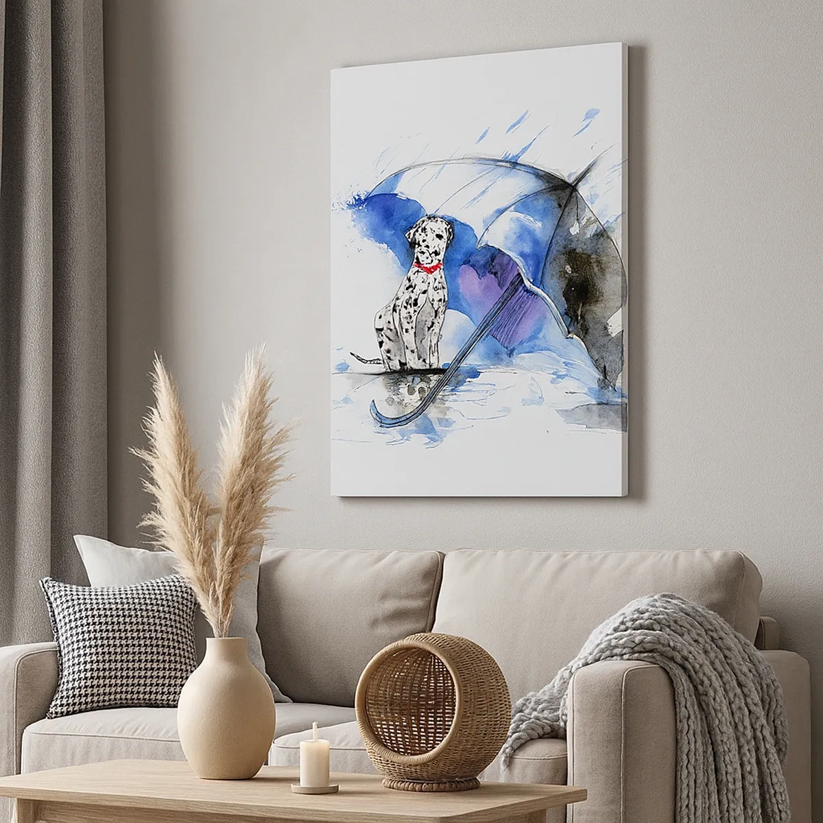 Bild auf Leinwand - Leinwandbild - Aquarellmalerei eines Dalmatiners mit einem Regenschirm im Hintergrund - 50x70cm - Dafür ist ein Freund da - Moderne Wanddekoration für Wohnzimmer und Schlafzimmer ARTTOR