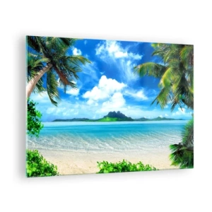 Glasbild - Bild auf glas - Ein tropischer Strand mit Palmen und Blick auf eine bergige Insel - 70x50cm - Das Azurblau der Tropen - Moderne Wanddekoration für Wohnzimmer und Schlafzimmer ARTTOR
