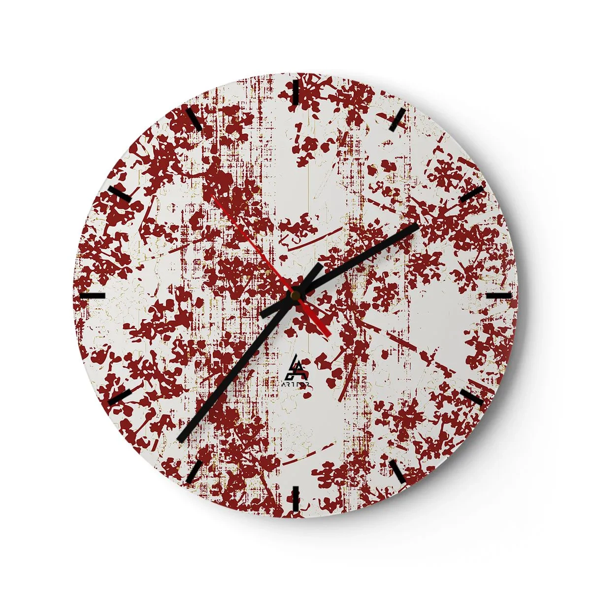 Wanduhr - Glasuhr - Rotes Blumenmuster auf weißem Hintergrund im Vintage-Stil - 30x30cm - Wie alter Perkal - Moderne Wanddekoration für Wohnzimmer, Küche und Schlafzimmer ARTTOR