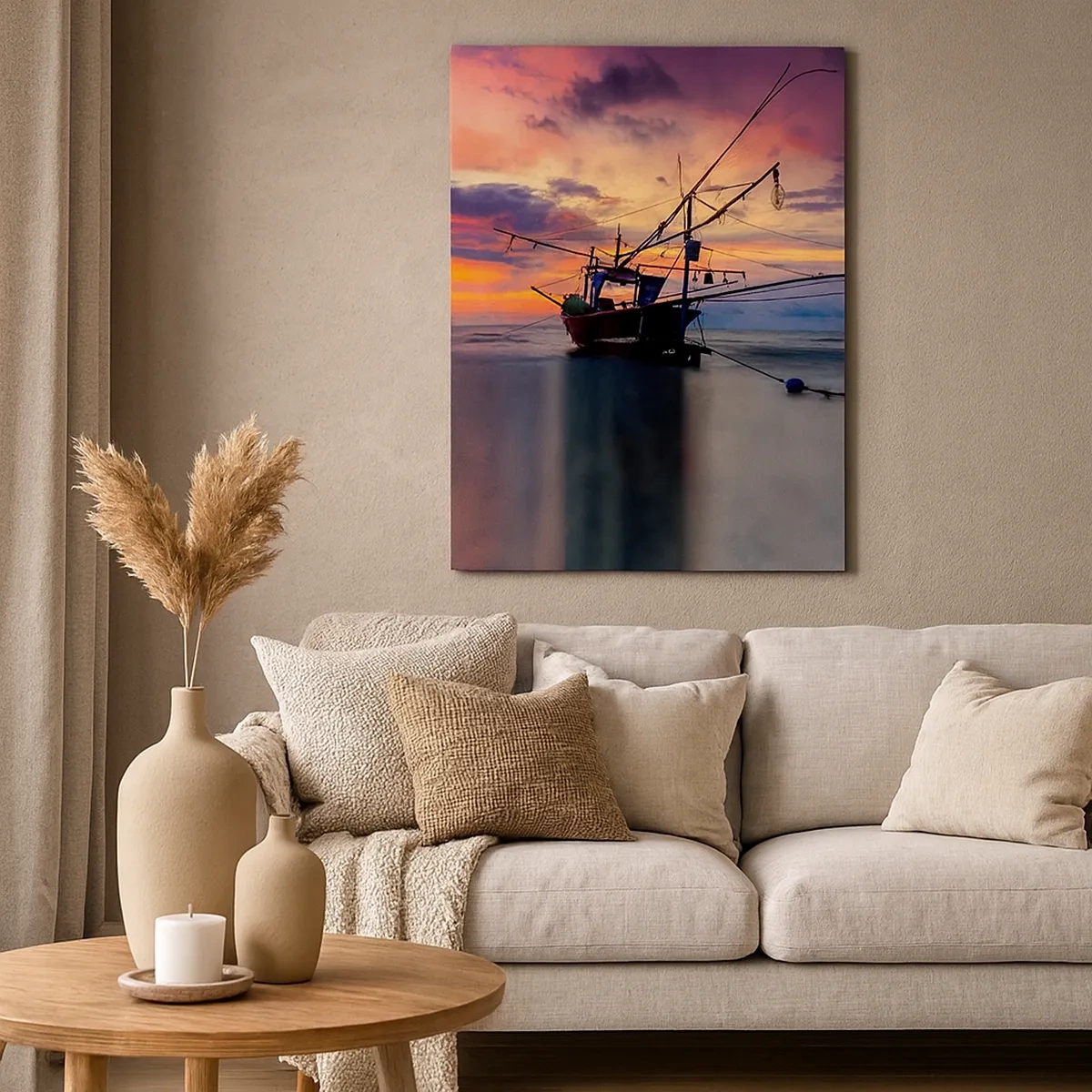 Bild auf Leinwand - Leinwandbild - Ein Fischerboot vor der Kulisse eines farbenfrohen Sonnenuntergangs - 50x70cm - Exotischer Abend - Moderne Wanddekoration für Wohnzimmer und Schlafzimmer ARTTOR