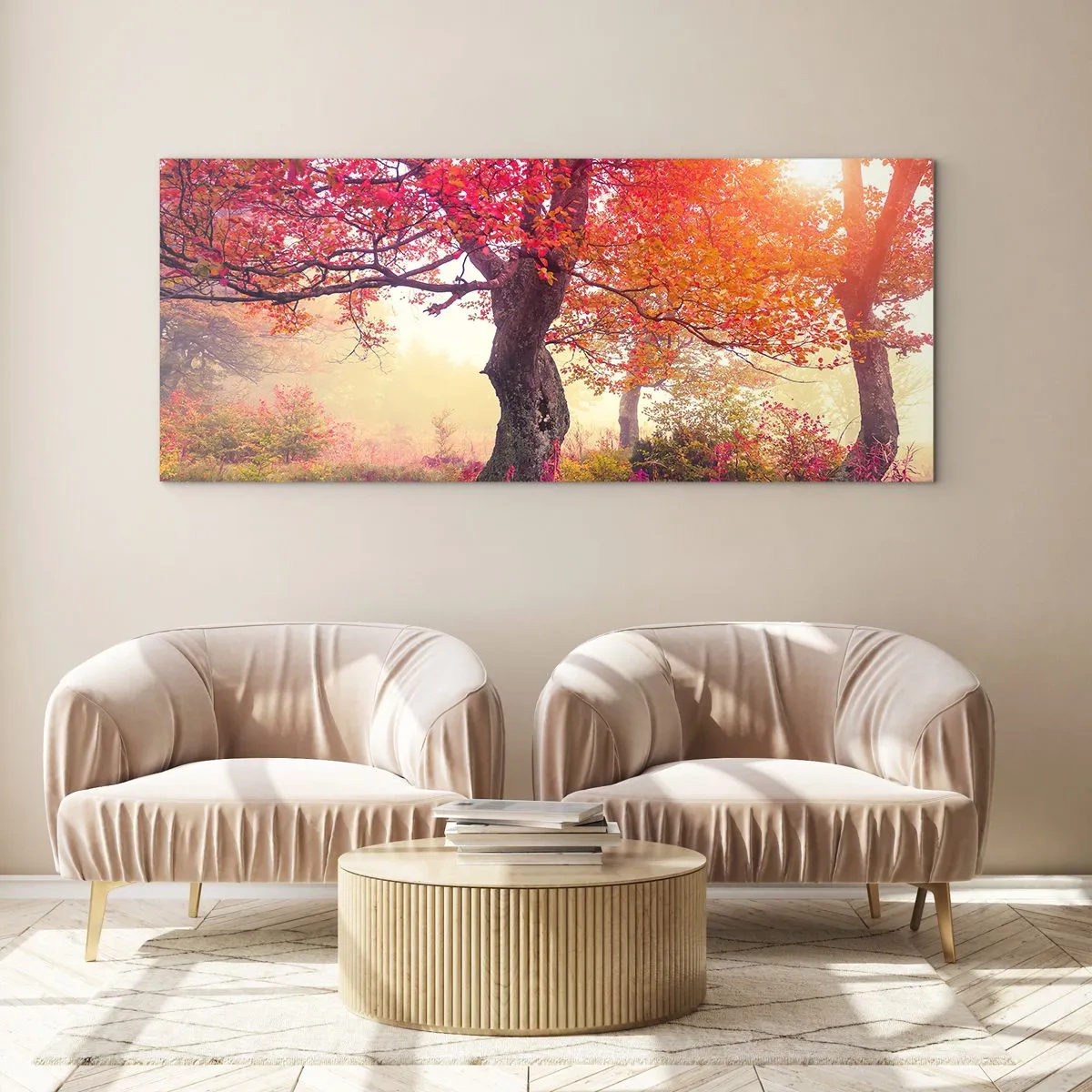 Glasbild - Bild auf glas - Herbstlandschaft mit Bäumen in intensiven Farben - 140x50cm - Blühende Raserei - Moderne Wanddekoration für Wohnzimmer und Schlafzimmer ARTTOR