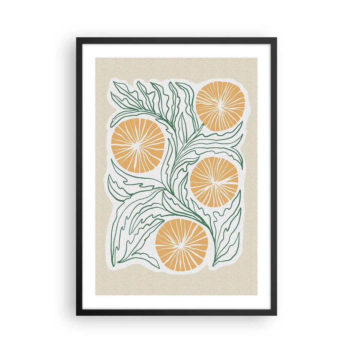Poster in einem schwarzem Rahmen - Abstrakte Komposition aus Blättern und Orangen auf beigem Hintergrund - 50x70cm - Ethnisch mit einem Hauch von Abstraktion - Moderne Wanddekoration für Wohnzimmer und Schlafzimmer ARTTOR