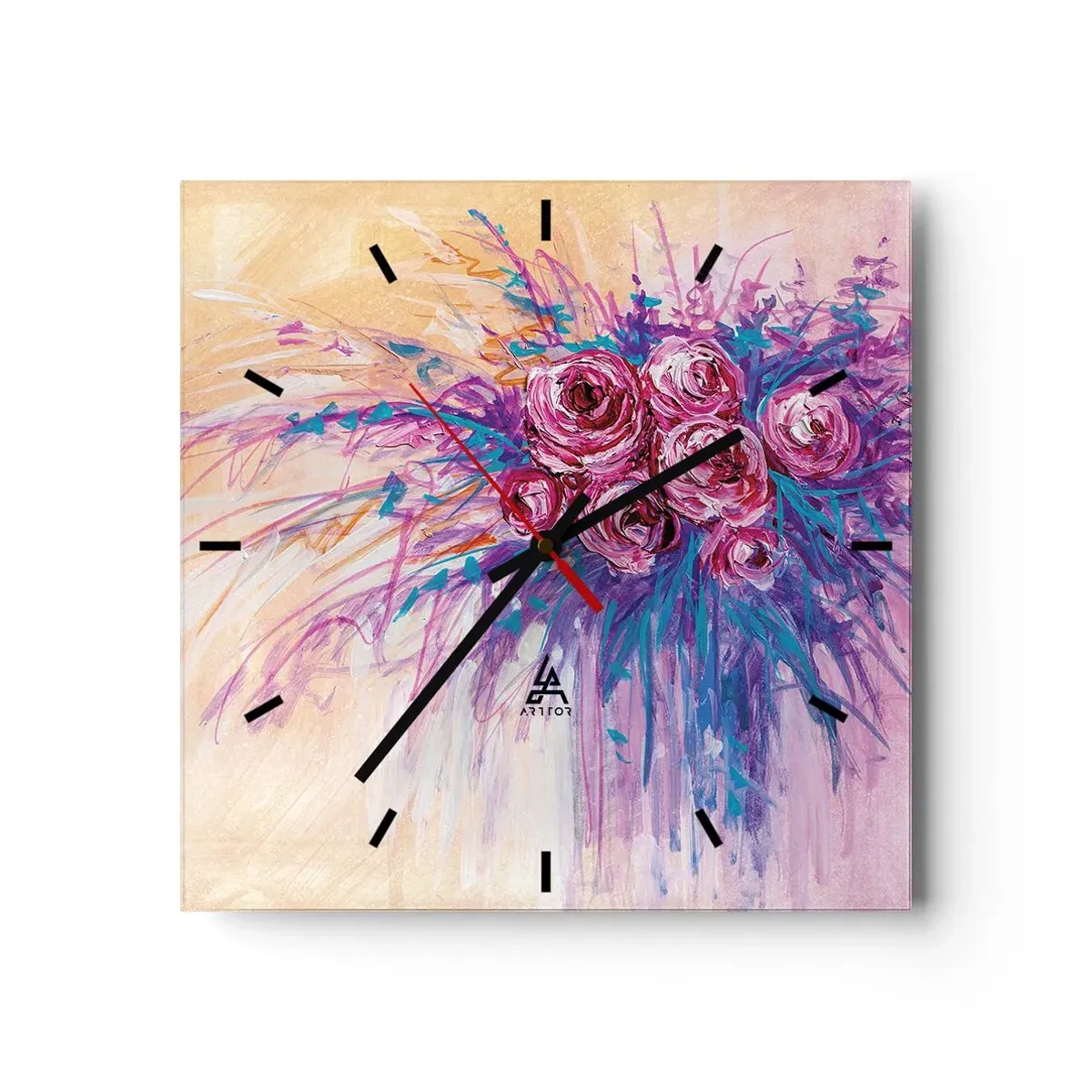 Wanduhr - Glasuhr - Ein Strauß Rosen in Pastellfarben - 30x30cm - Rosenbrunnen - Moderne Wanddekoration für Wohnzimmer und Schlafzimmer ARTTOR