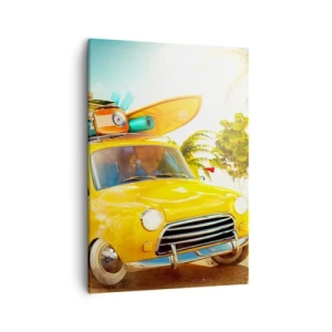 Bild auf Leinwand - Leinwandbild - Ein gelbes Auto mit Gepäck vor einer tropischen Landschaft - 50x70cm - Eine Reise für mehr als ein Lächeln - Moderne Wanddekoration für Wohnzimmer und Schlafzimmer ARTTOR